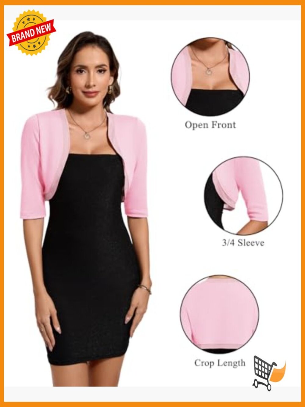 3/4 Sleeve Open Front Cropped Cardigan Bolero Shrug Top - Picture 6 of 7